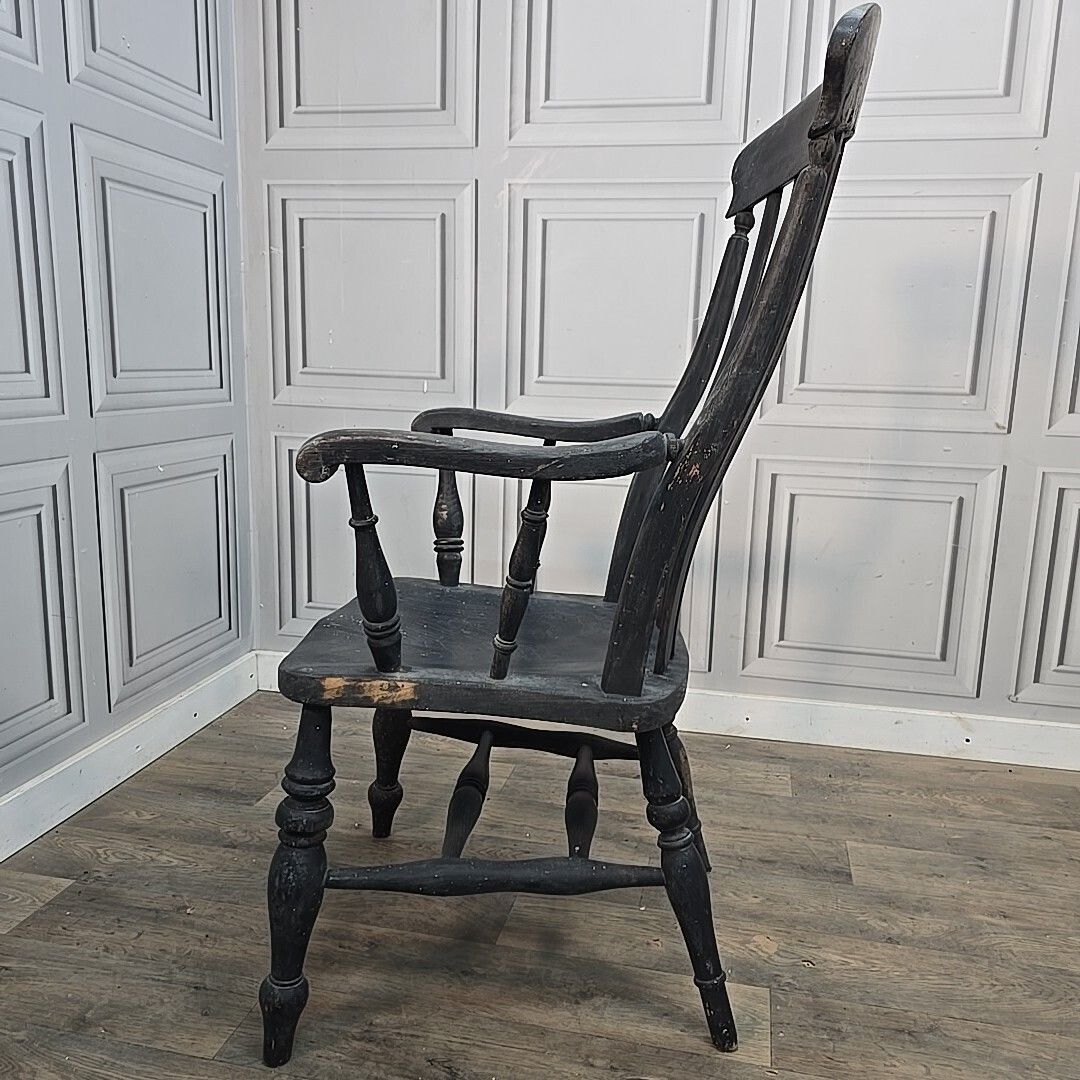 230.0 Antique Grandfather Armchair Painted Solid Wooden Lath Slat Back Windsor Chair photo