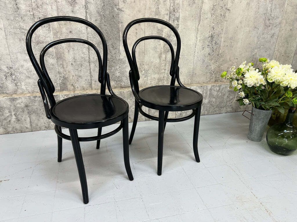 Pair Round Back Ebonised Bentwood French Bistro Chairs