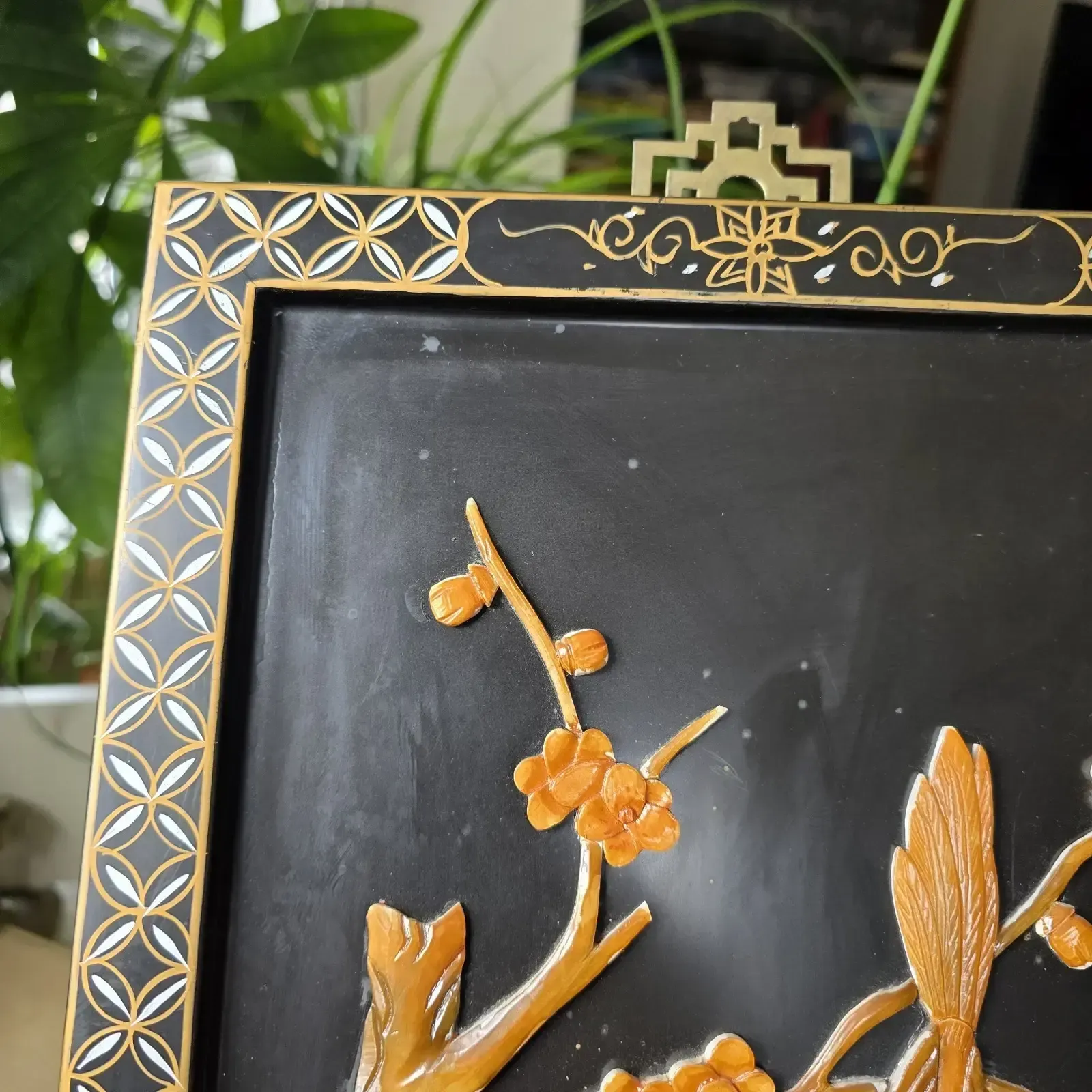 Vintage Chinese Wall Panel Black Lacquer Mother Of Pearl Birds Cherry Blossoms photo vintage