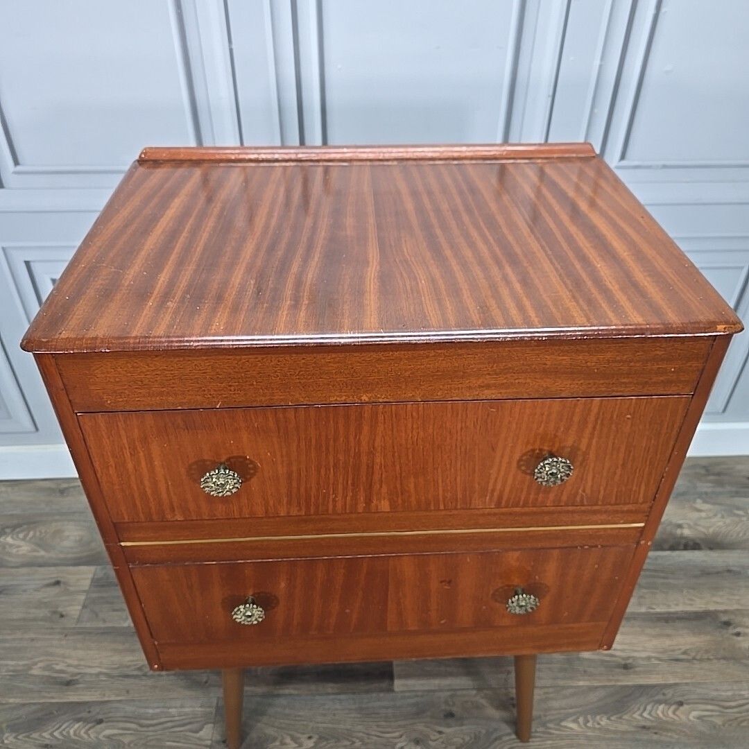 Retro Chest Of 2 Drawers Vintage Mid Century Modern   Teak Veneer   Atomic Legs photo 160.0