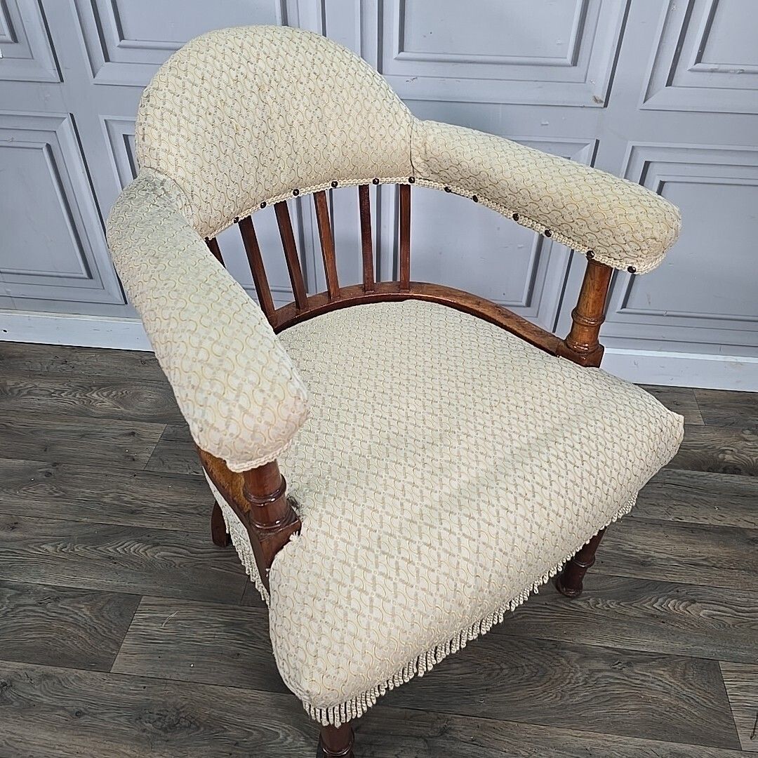 Antique Edwardian Armchair Button Back Tub Conversation Chair Wooden Victorian photo for sale