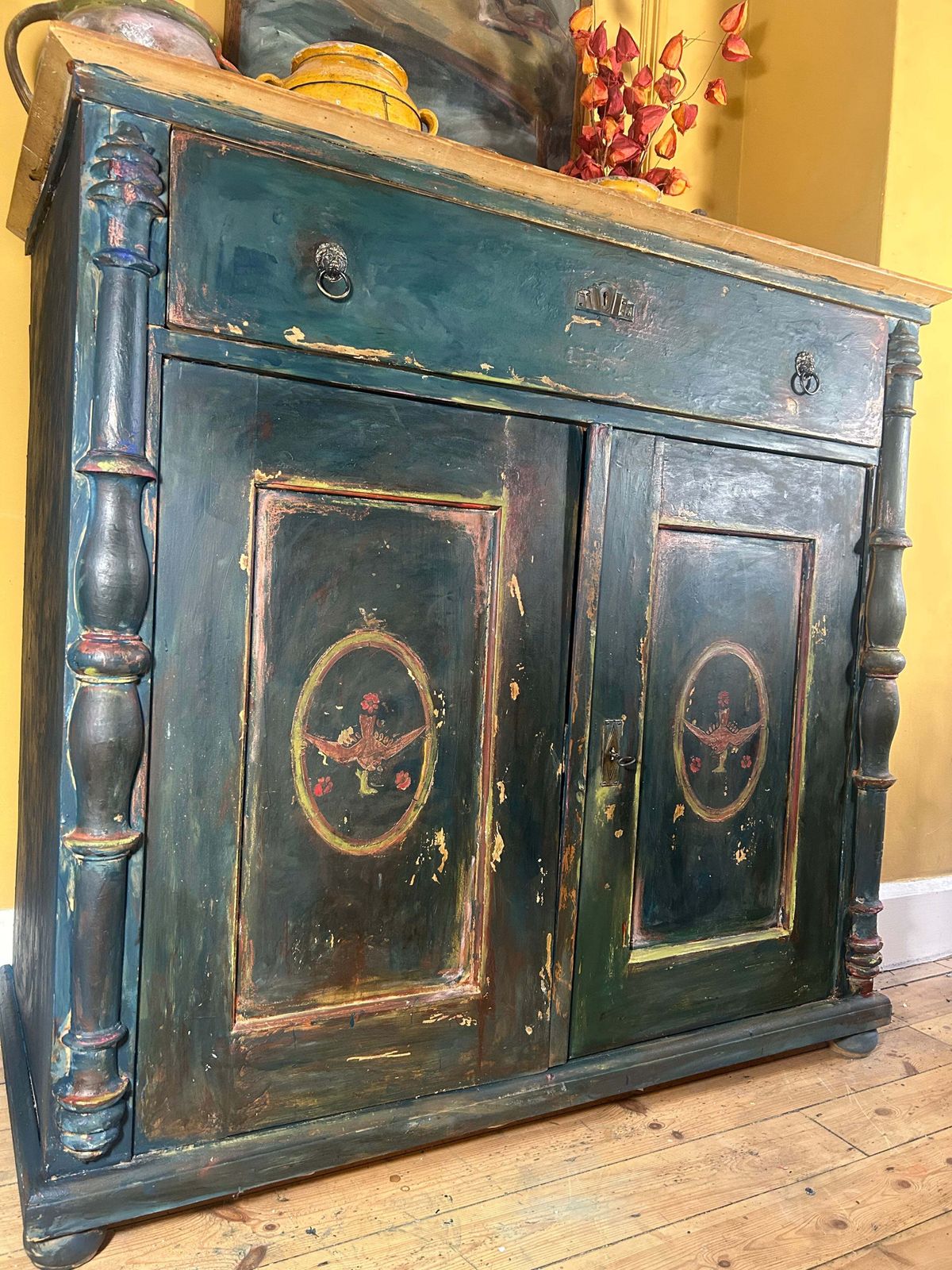 Antique Painted Linen Press With Folk Art Panels photo for sale