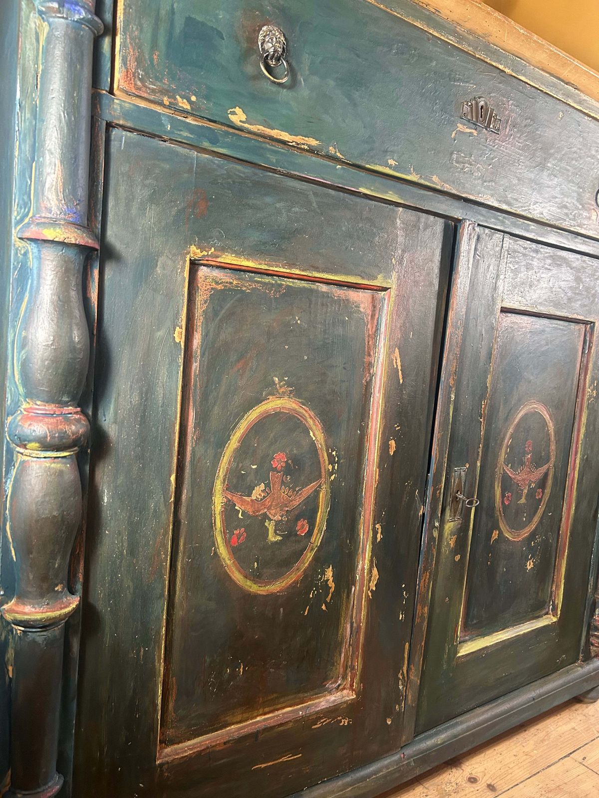 Furniture Antique Painted Linen Press With Folk Art Panels photo