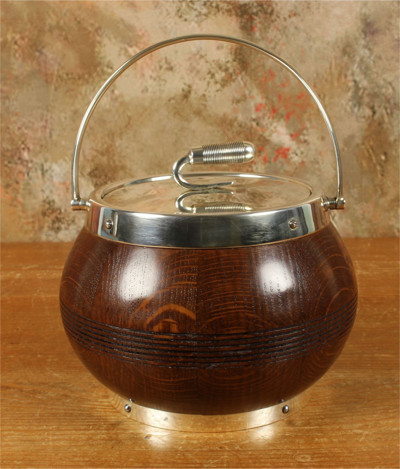 Antique Curling Stone Ice Bucket. English Oak & Silver Plate Ice Pail photo furniture