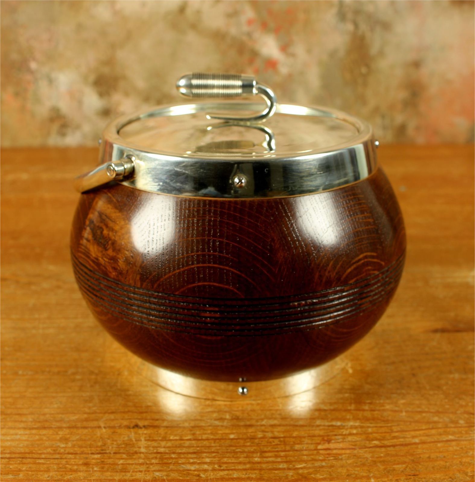 Antique Curling Stone Ice Bucket. English Oak & Silver Plate Ice Pail photo vintage