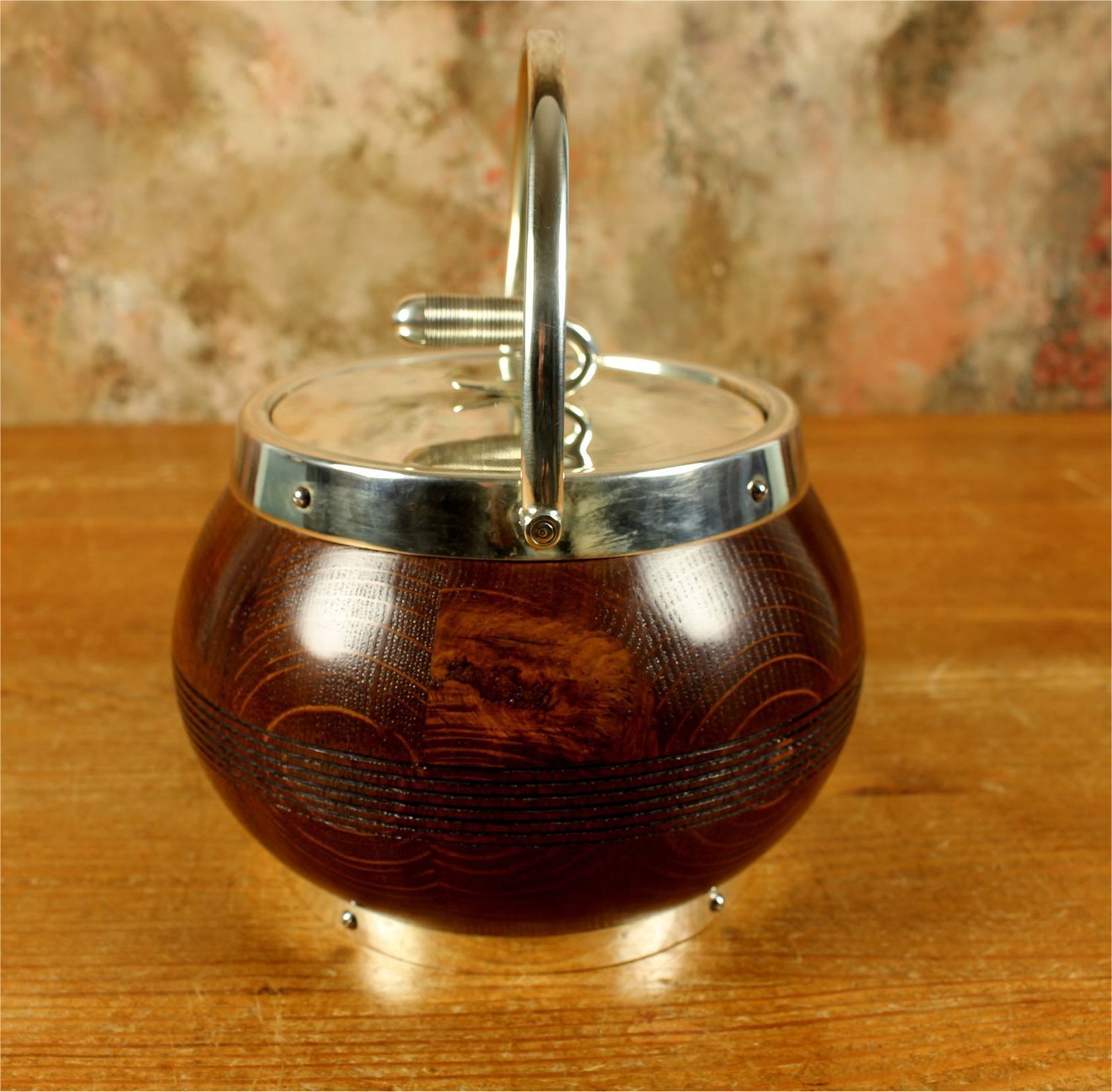 photo furniture Antique Curling Stone Ice Bucket. English Oak & Silver Plate Ice Pail