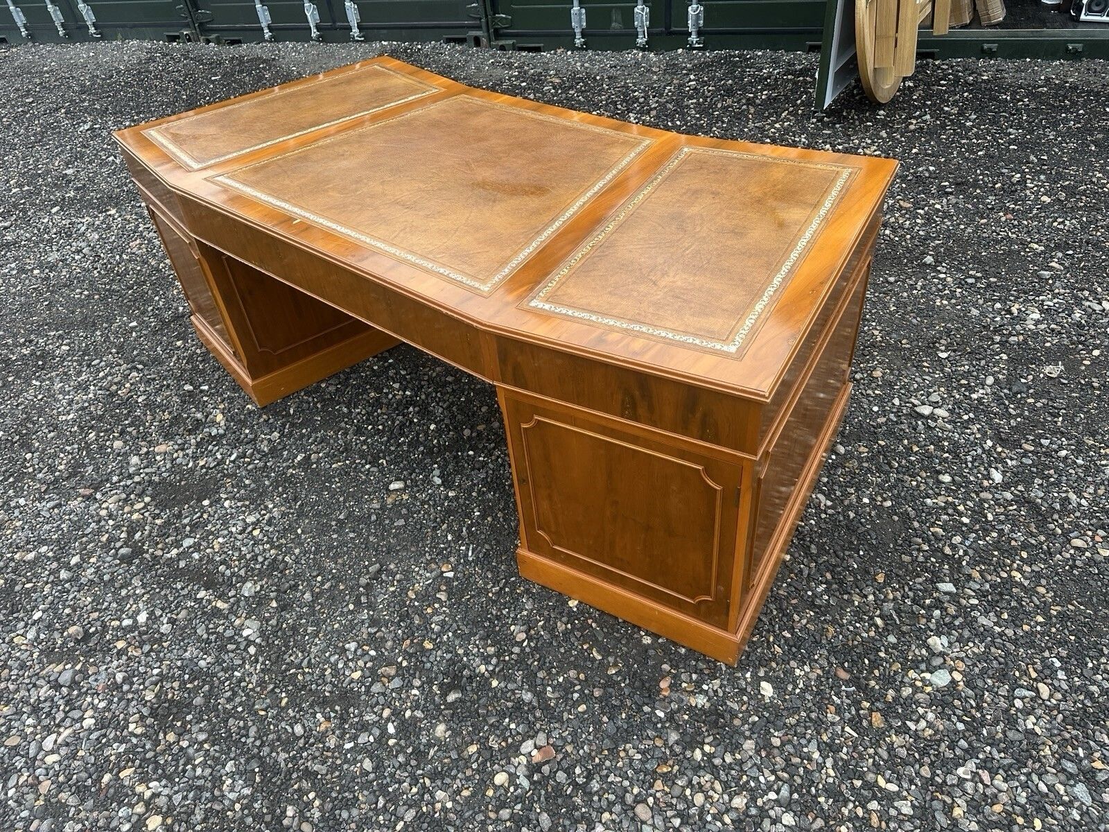 photo for sale Substantial Antique Captains Banker Desk Green Leather Twin Pedestal Partner #59