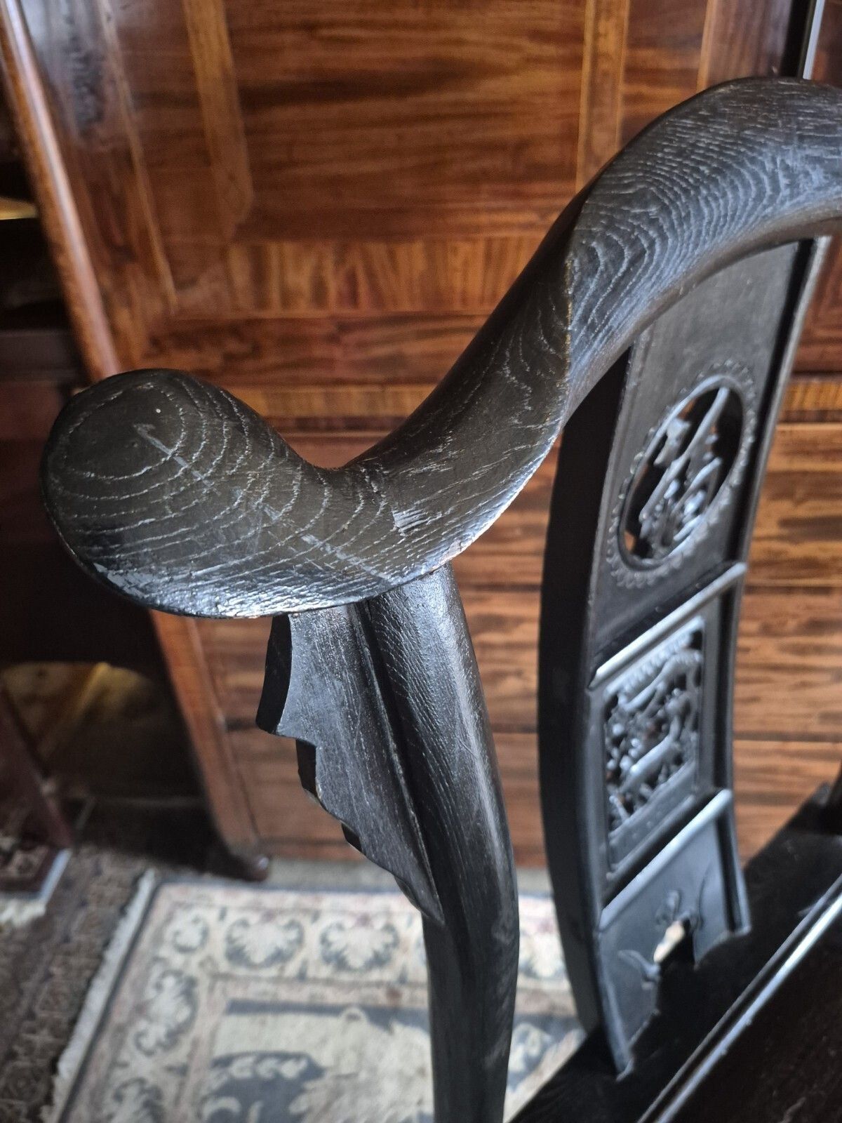 Stunning 19th Century Chinese Elm Black Laquered Yokeback Officials Hat Armchair photo for sale