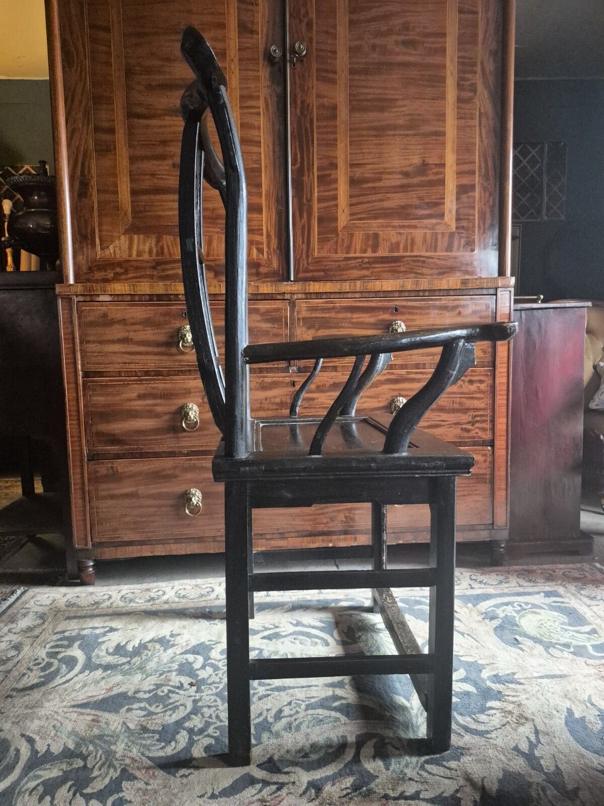 Stunning 19th Century Chinese Elm Black Laquered Yokeback Officials Hat Armchair photo Furniture