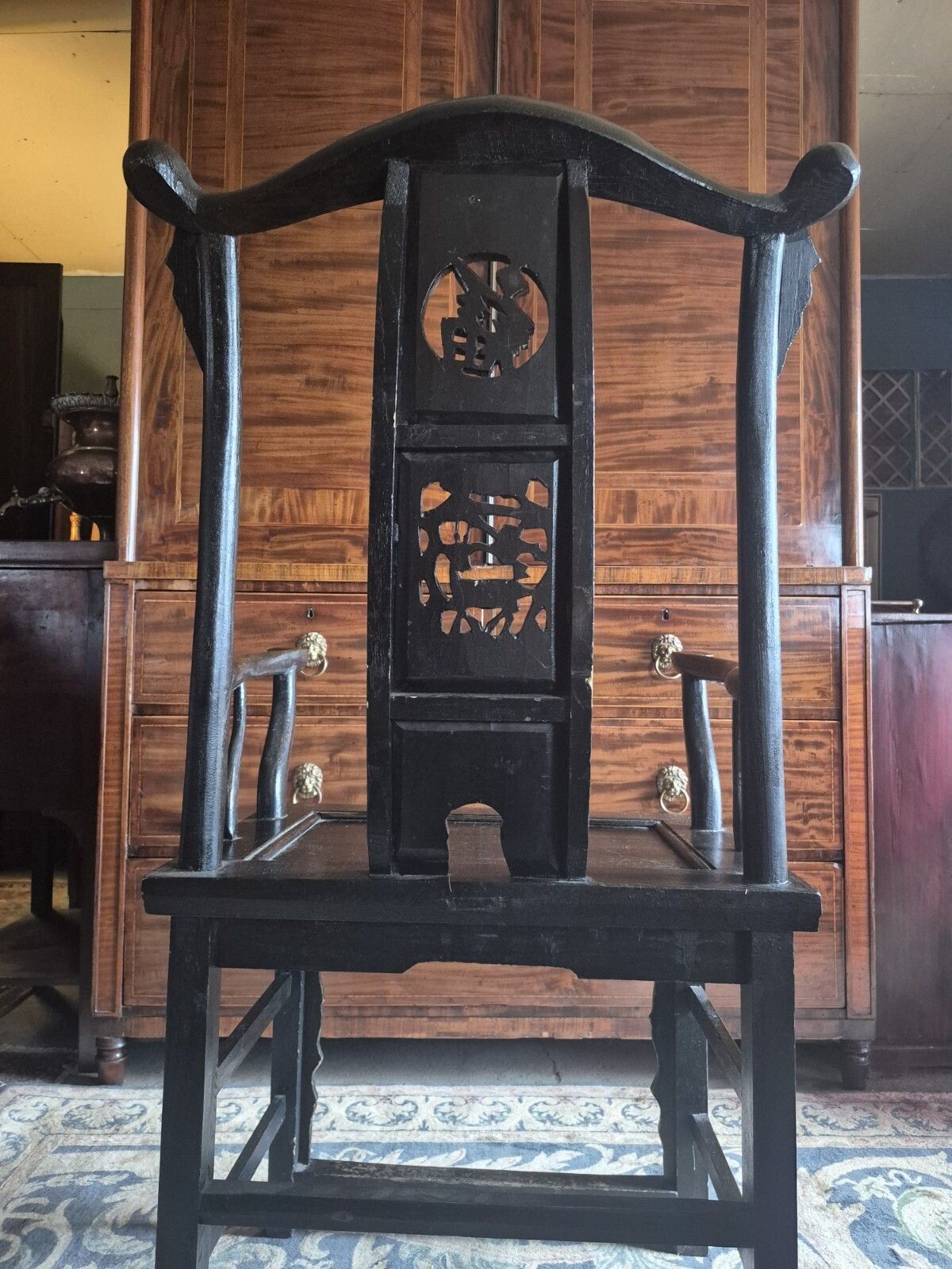 325.0 Stunning 19th Century Chinese Elm Black Laquered Yokeback Officials Hat Armchair photo