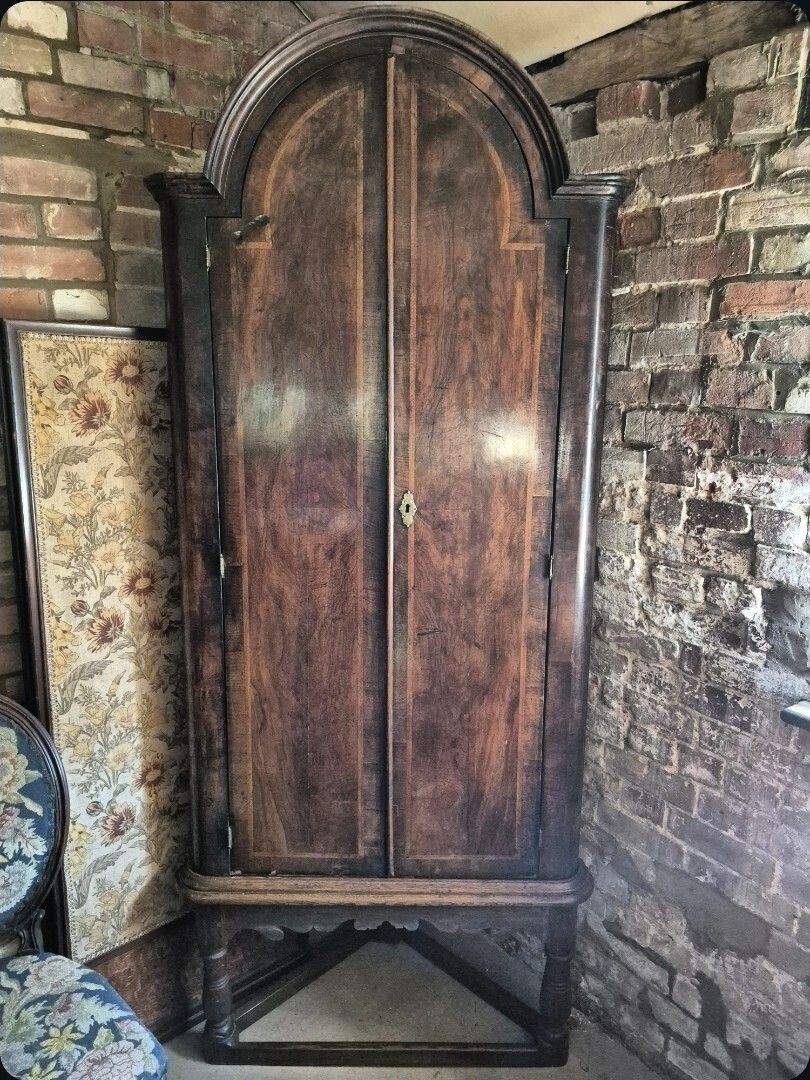 Wonderful  Unique 18th Century Arched Figured Walnut Herringbone Banding Corner Cupboard photo furniture