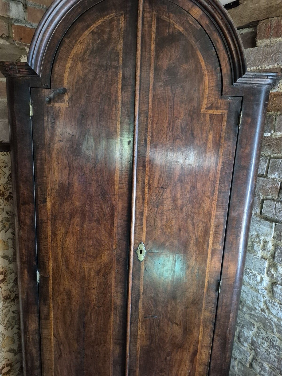 photo buy Wonderful  Unique 18th Century Arched Figured Walnut Herringbone Banding Corner Cupboard