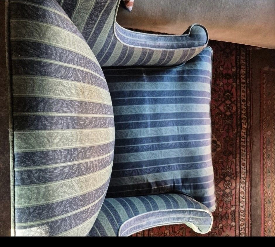 Super Pair Of Shell Leg Blue Vintage Antique Stripey Silky Edwardian Armchairs photo vinterior
