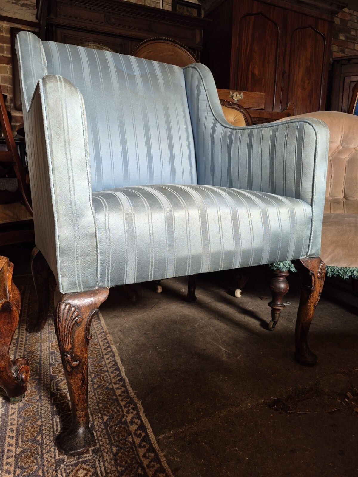 Furniture Super Pair Of Shell Leg Blue Vintage Antique Stripey Silky Edwardian Armchairs photo