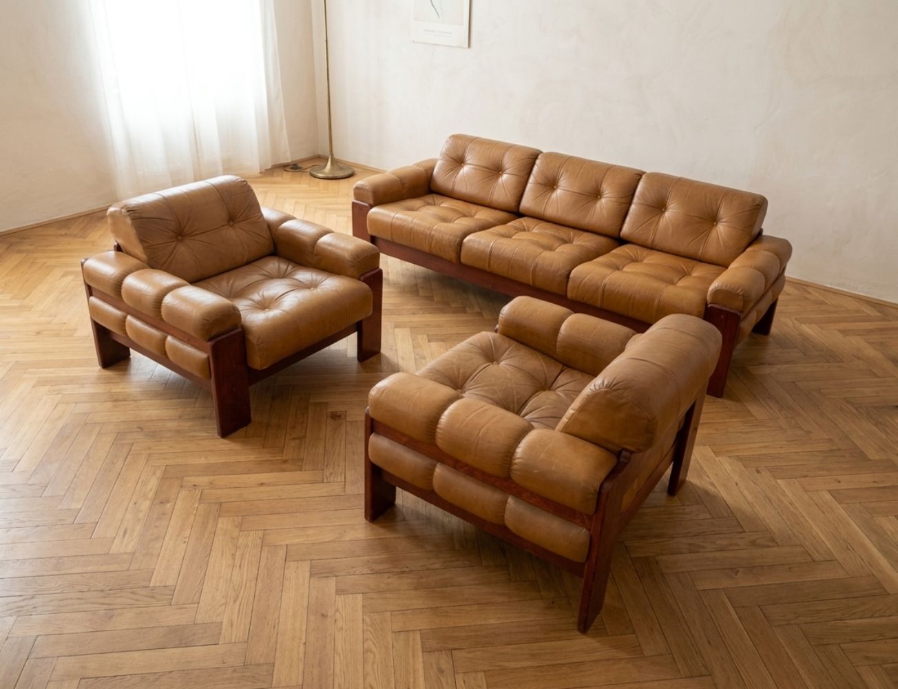 Czechoslovak Vintage Leather Living Room Set, Attributed To Dřevotvar, 1970s–1980s, Set Of 3 photo Furniture