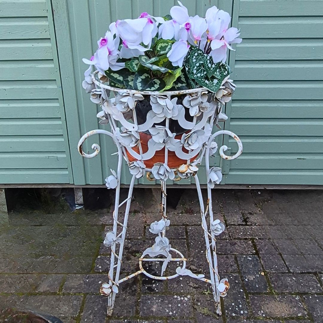 Vintage French White Metal Floral Garden Planter With Rose Detail