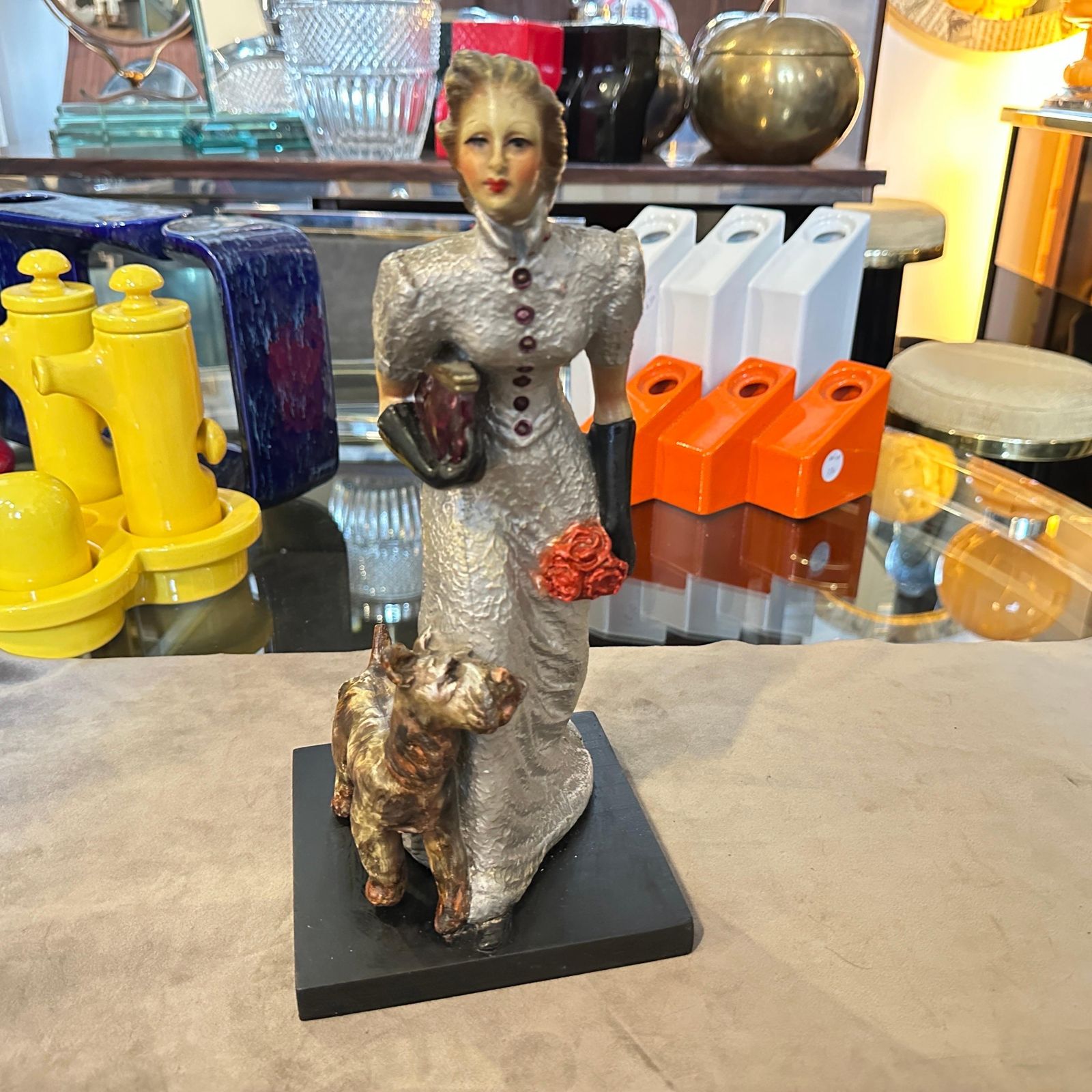 1940s Italian Ceramic Figurine By Mollica, Woman With Fox Terrier photo Art