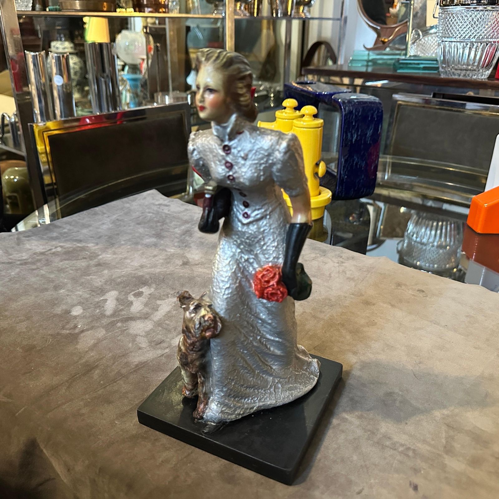 photo buy 1940s Italian Ceramic Figurine By Mollica, Woman With Fox Terrier