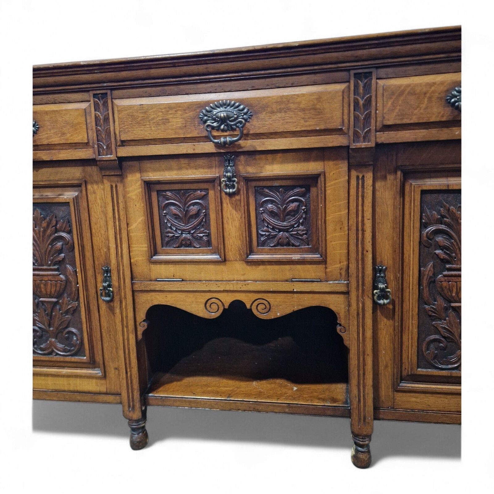 Victorian Oak Sideboard Carved Cabinet 3 Door 3 Drawer Ornate Side Cupboard photo for sale