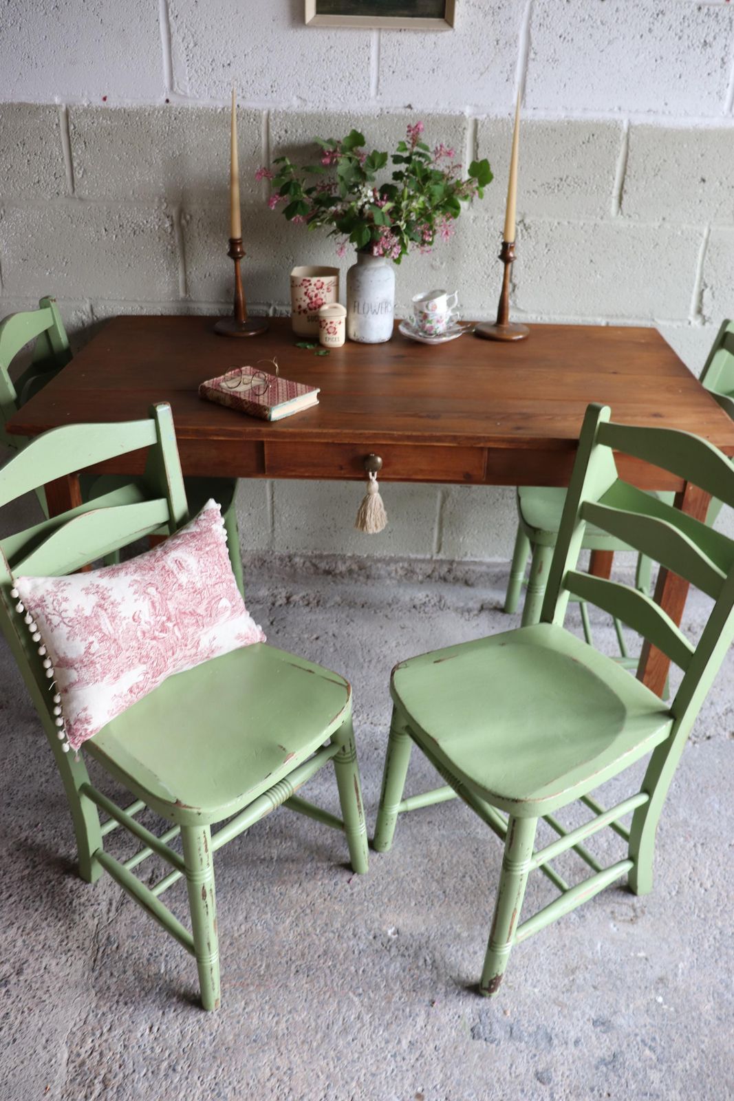 Set Of Four Yeabridge Green Painted English Chapel Chairs With Hymn Book Holders photo for sale