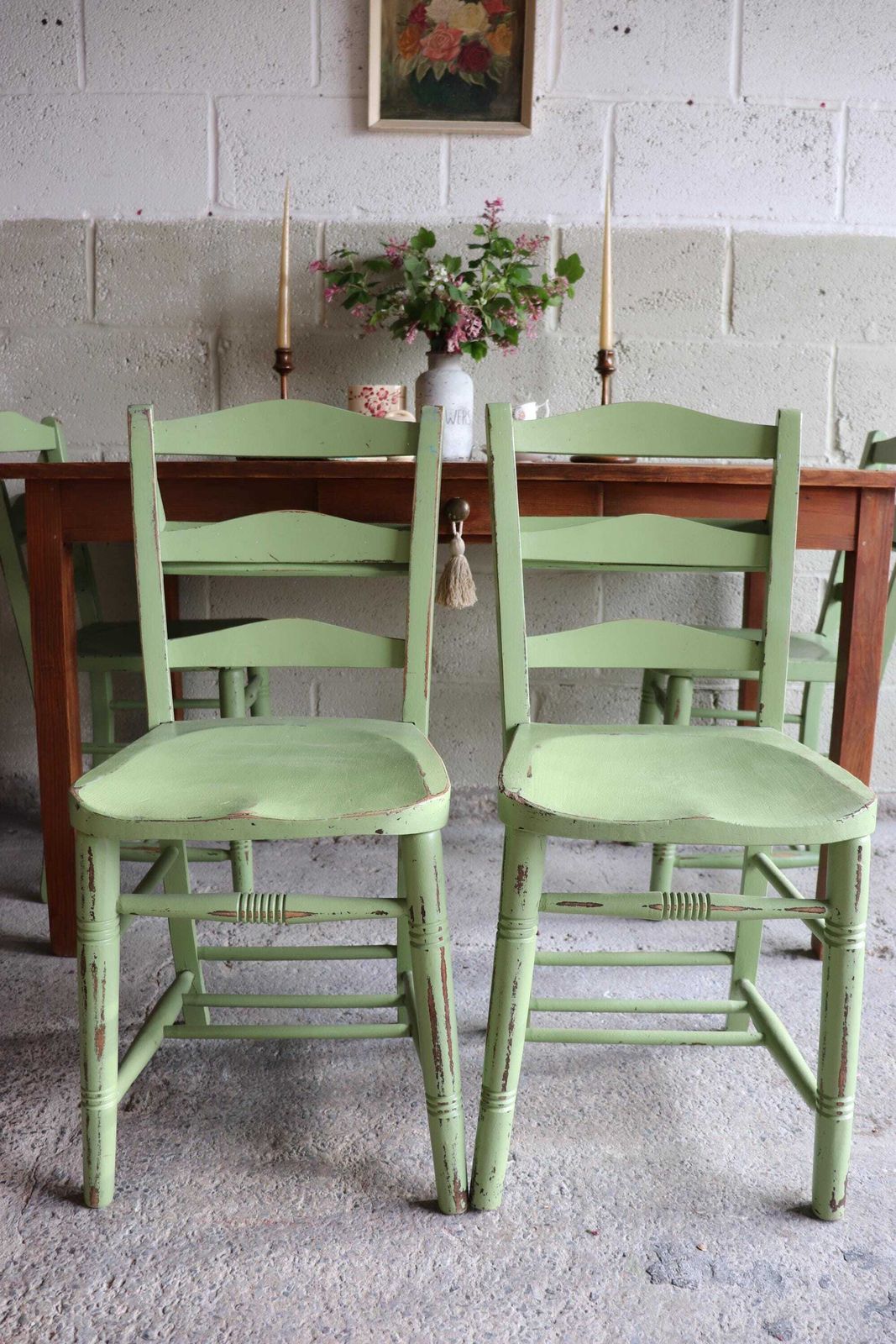 Set Of Four Yeabridge Green Painted English Chapel Chairs With Hymn Book Holders photo Furniture