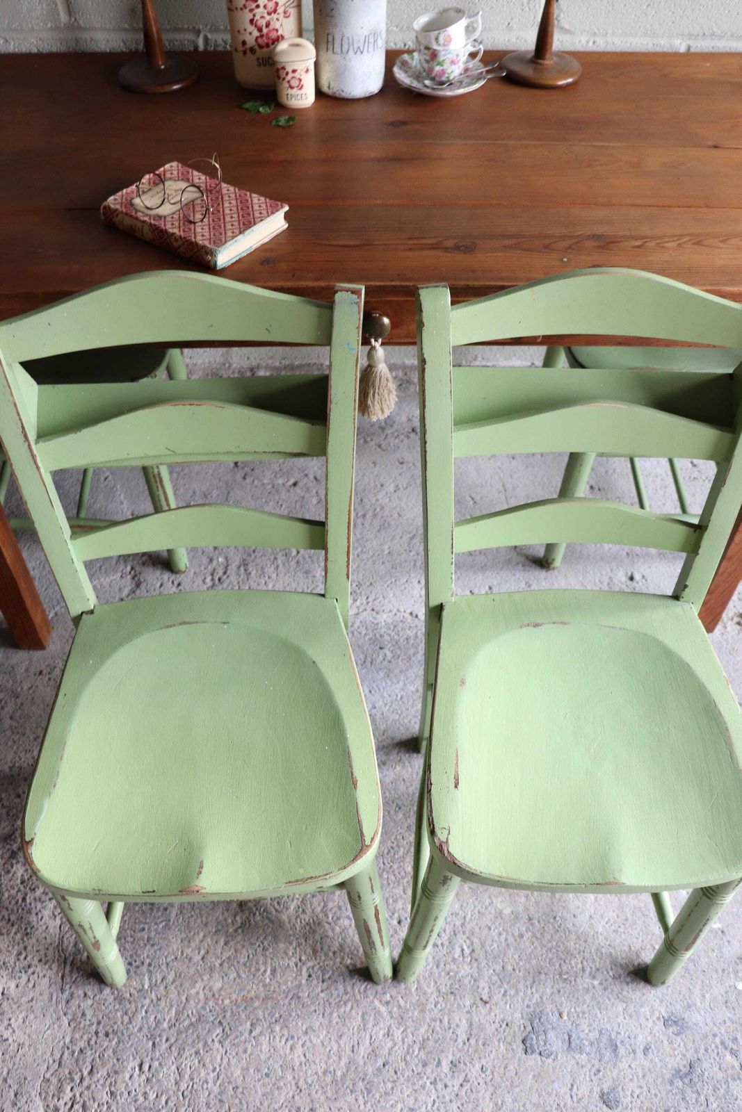 Set Of Four Yeabridge Green Painted English Chapel Chairs With Hymn Book Holders photo 915.0