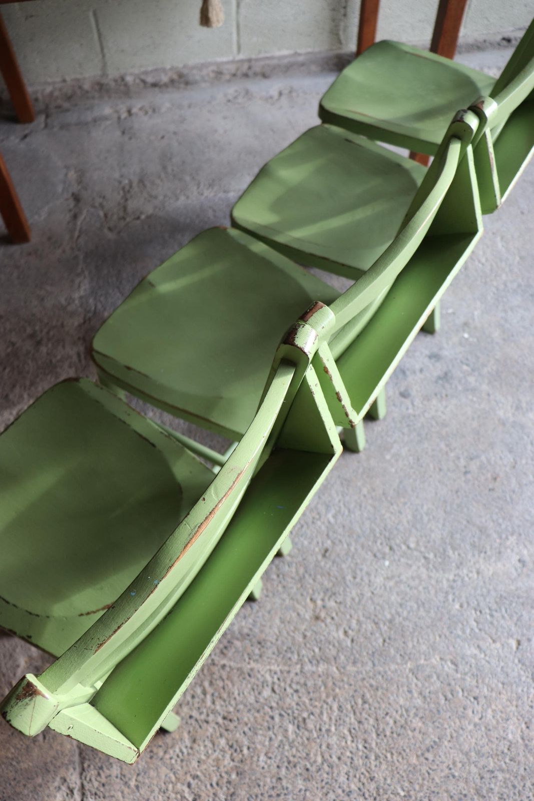 photo for sale Set Of Four Yeabridge Green Painted English Chapel Chairs With Hymn Book Holders