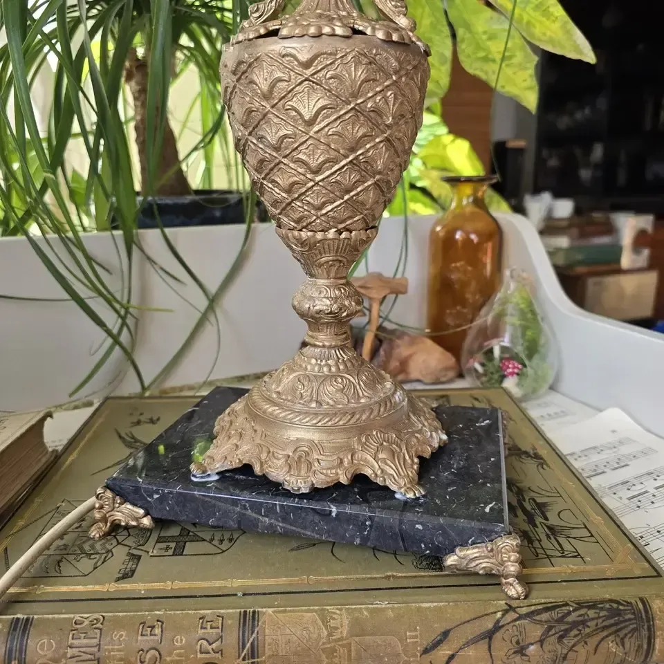Antique French Table Lamp Spelter And Black Marble Base Urn Vase Ornate Gold photo for sale
