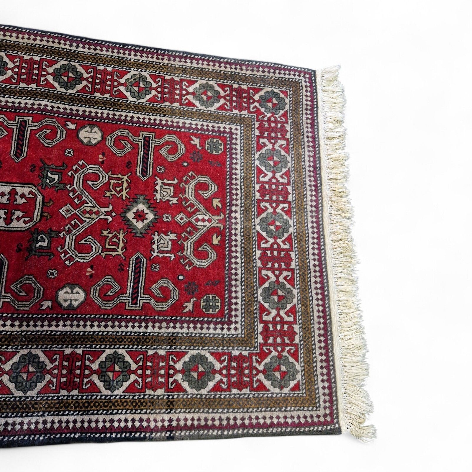 Traditional Red Rug Geometric Floral Pattern Wool Carpet With Fringe 136cm photo 145.0