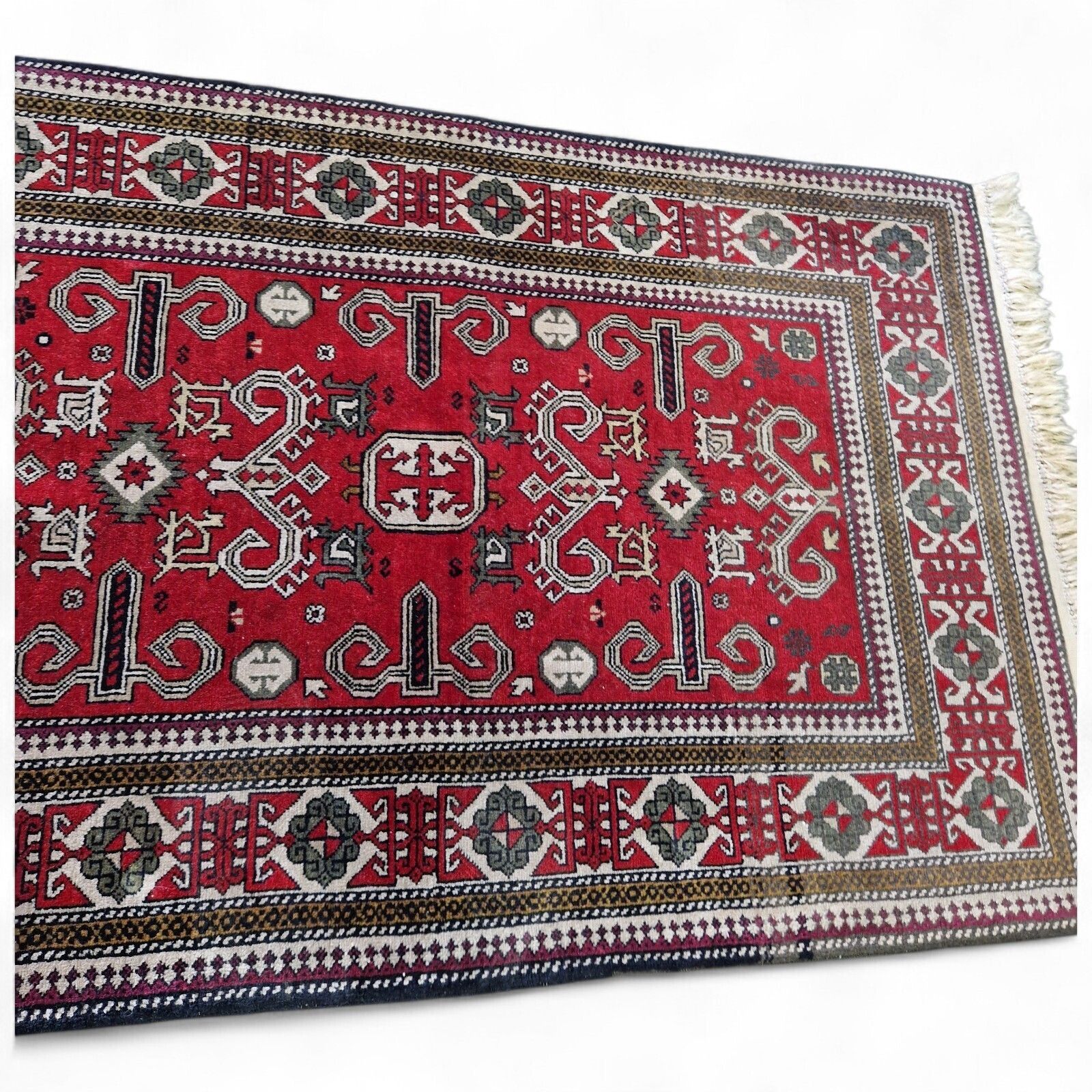 Traditional Red Rug Geometric Floral Pattern Wool Carpet With Fringe 136cm photo vinterior