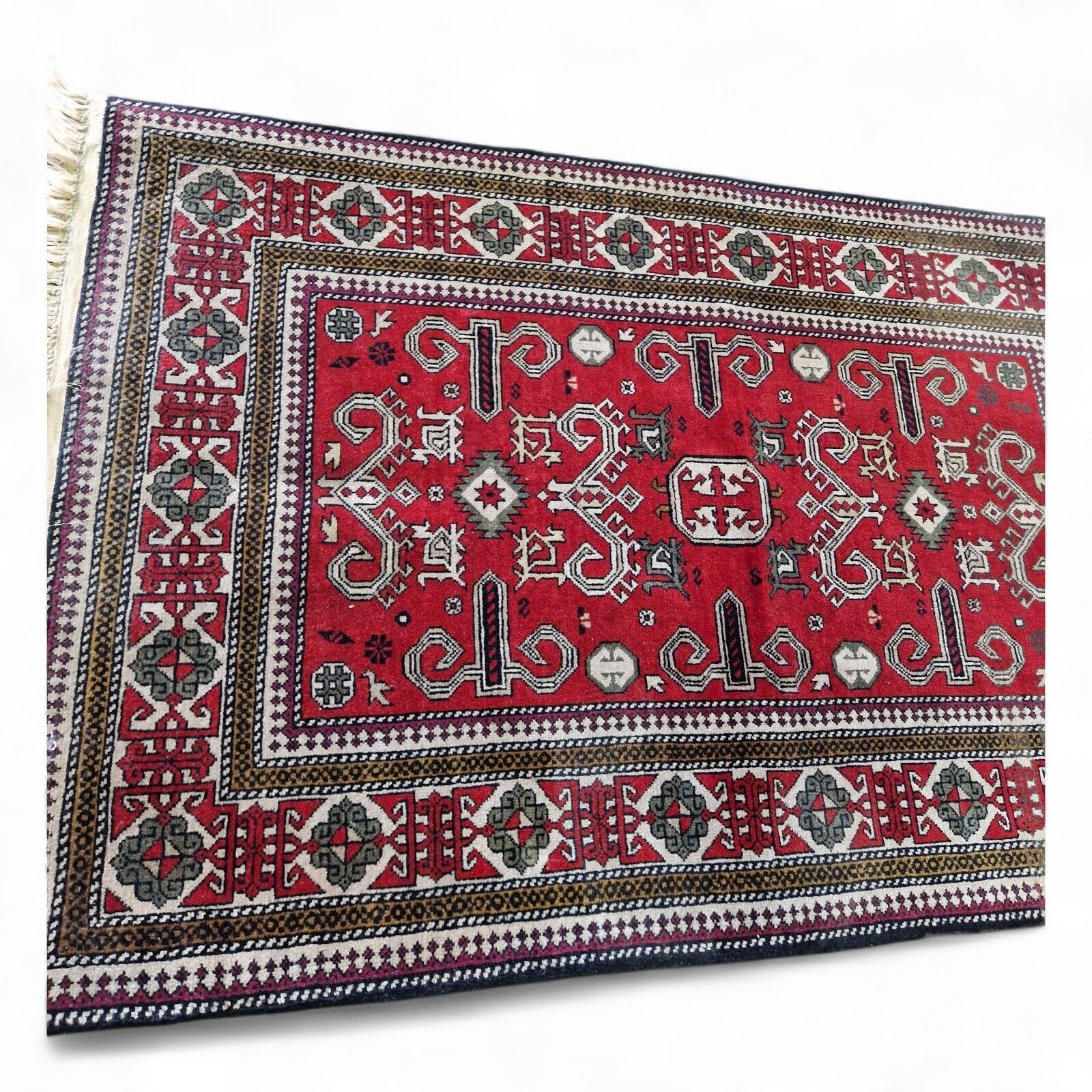 Traditional Red Rug Geometric Floral Pattern Wool Carpet With Fringe 136cm photo buy