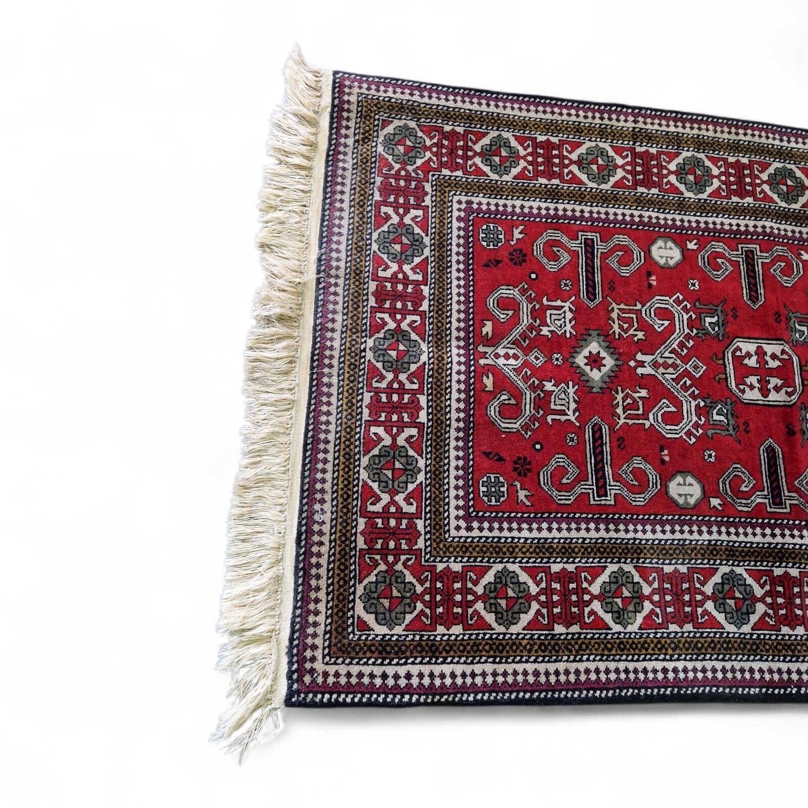 Traditional Red Rug Geometric Floral Pattern Wool Carpet With Fringe 136cm photo vintage