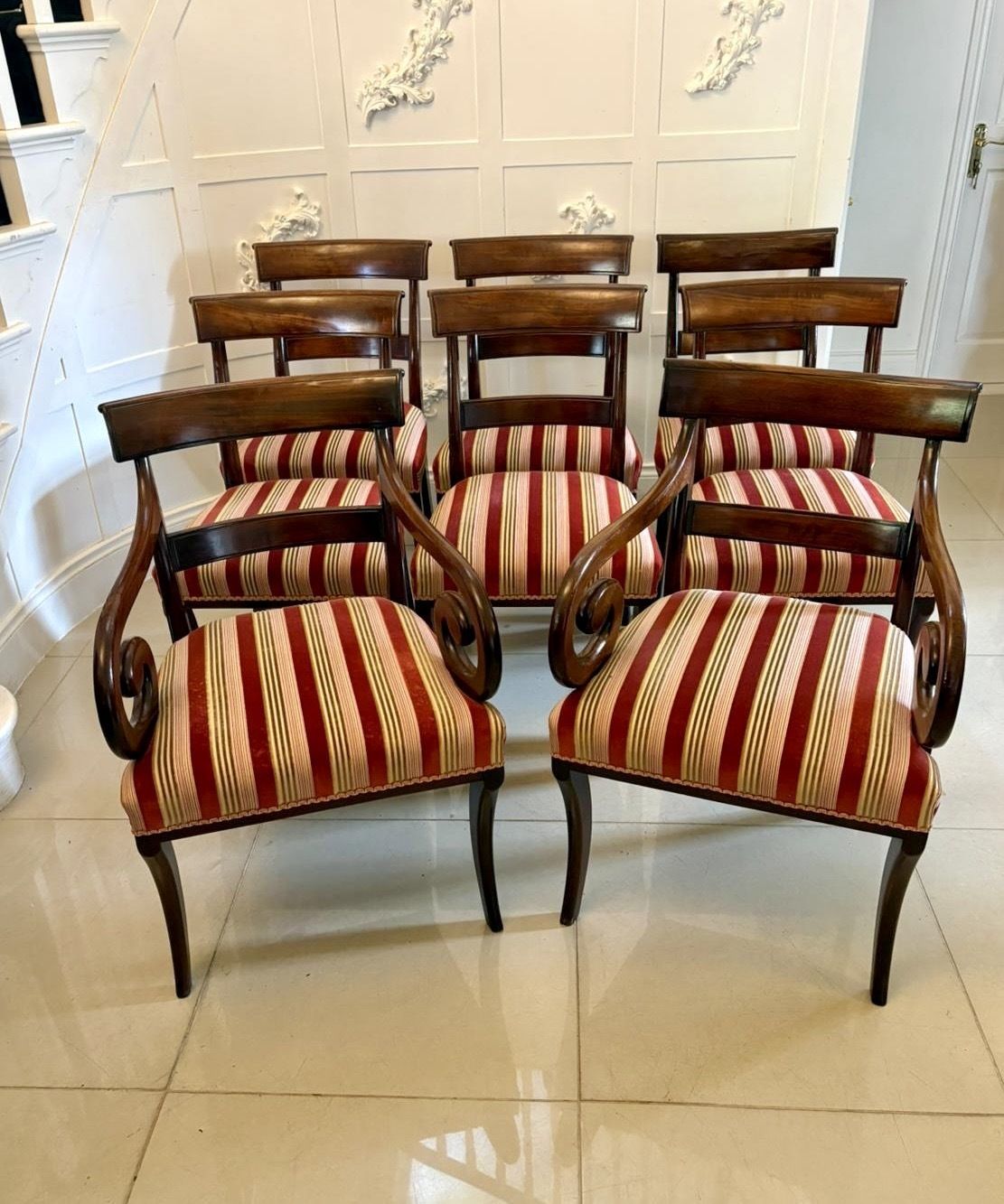 Antique Mahogany Dining Chairs Set Of Eight Including Two Carvers Scroll Arms