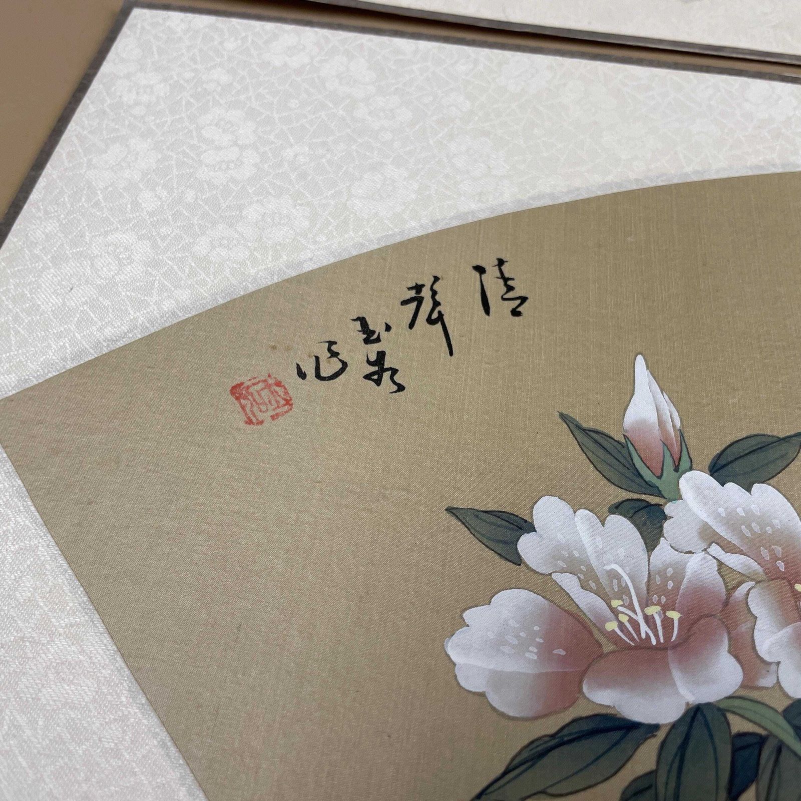 Oriental Silk Fan Art Pair Floral Bird Hand Painted Botanical Pictures Unframed Asian Blossom Set Of 2 Paintings photo 125.0