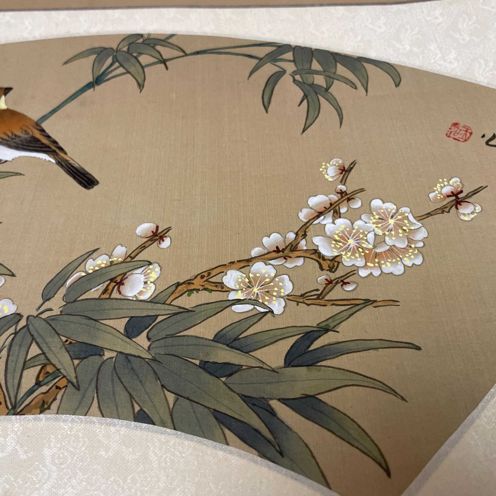 Oriental Silk Fan Art Pair Floral Bird Hand Painted Botanical Pictures Unframed Asian Blossom Set Of 2 Paintings photo vintage
