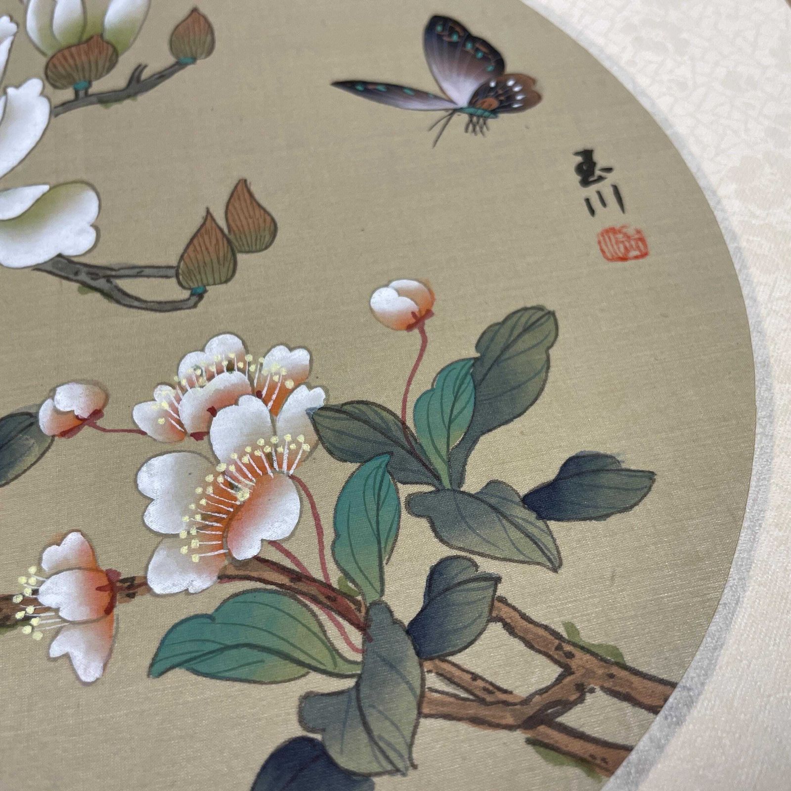 Trio Oriental Pictures Butterfly Floral Hand Painted Silk Botanical Unframed Asian Blossom Set Of 3 Paintings Mounted photo 125.0