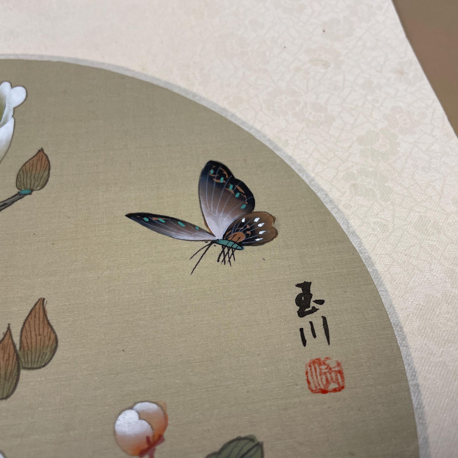 Trio Oriental Pictures Butterfly Floral Hand Painted Silk Botanical Unframed Asian Blossom Set Of 3 Paintings Mounted photo buy