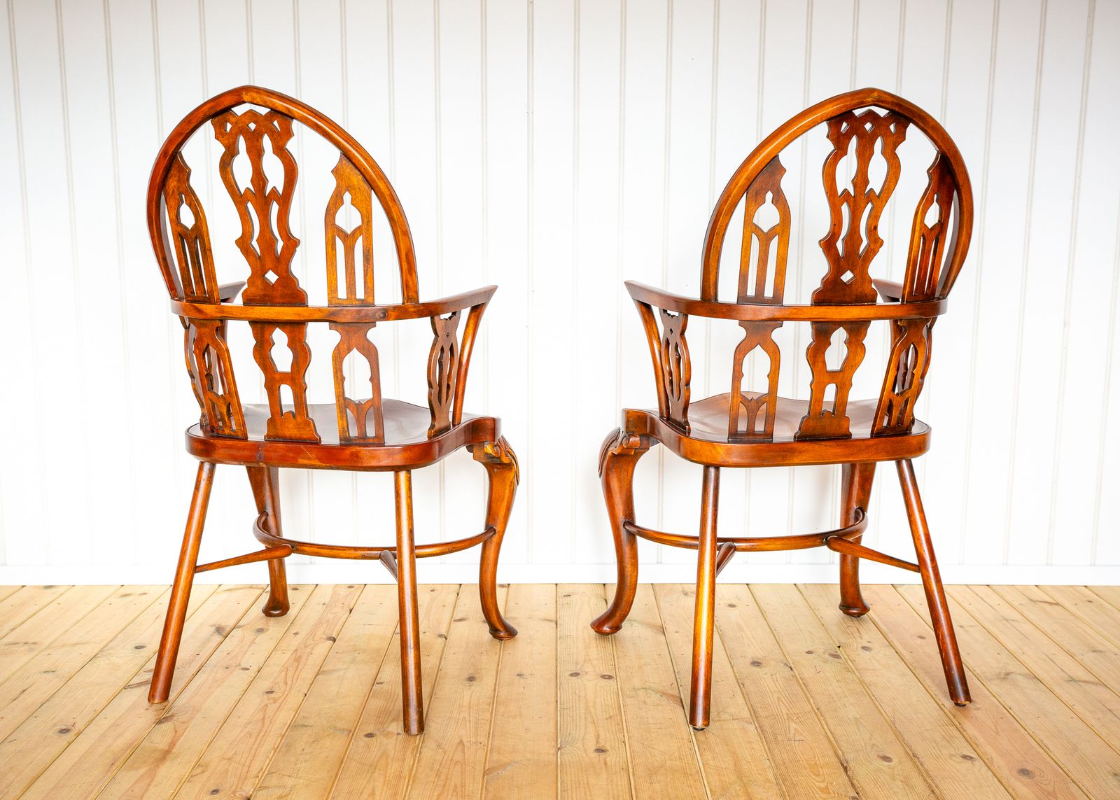 photo vintage Pair Of Gothic Windsor Armchairs Steeple Back Strawberry Hill Thames Valley Gothi.C Revival Carved Theodore Alexander Fine Country House