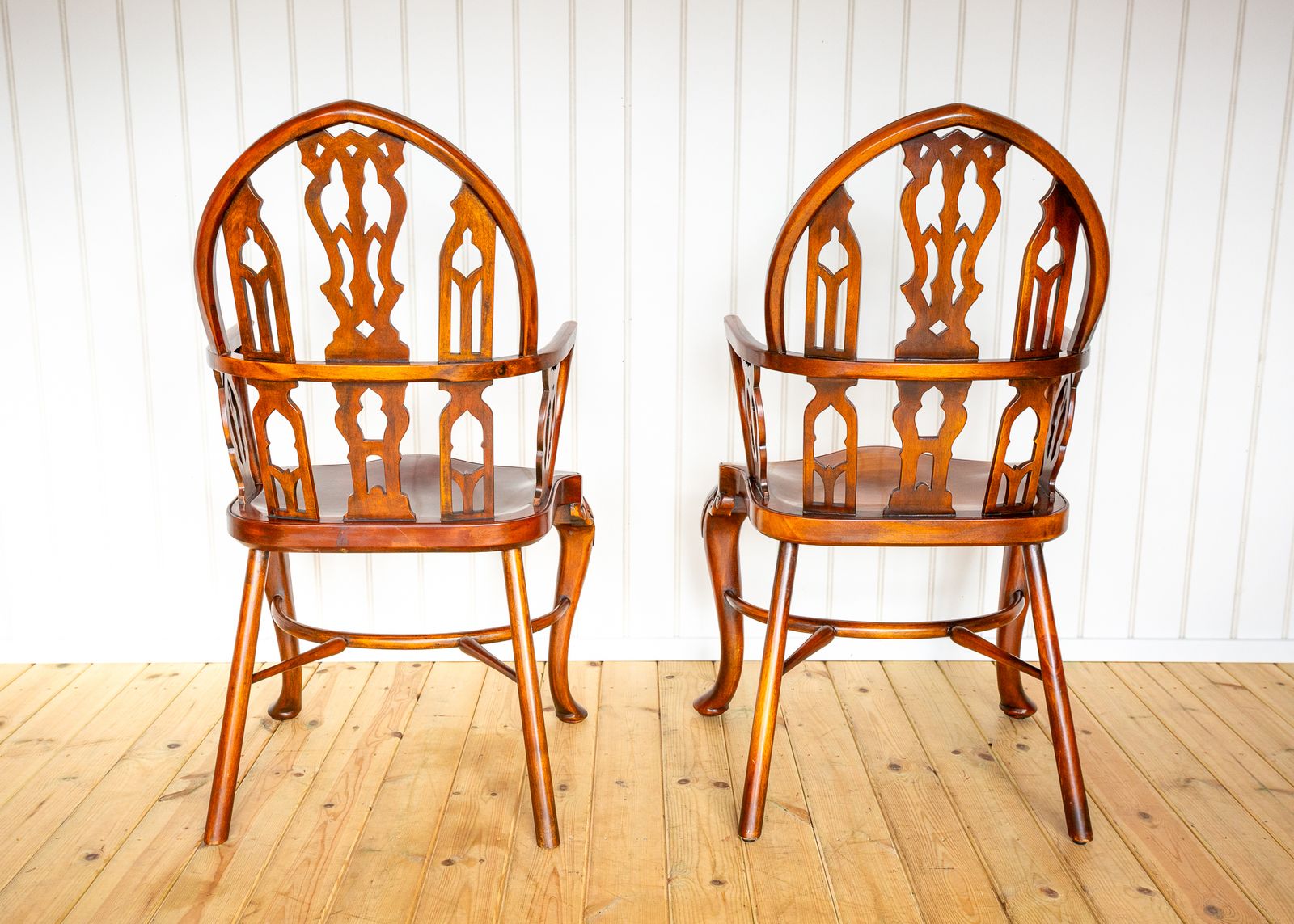 Pair Of Gothic Windsor Armchairs Steeple Back Strawberry Hill Thames Valley Gothi.C Revival Carved Theodore Alexander Fine Country House photo vinterior