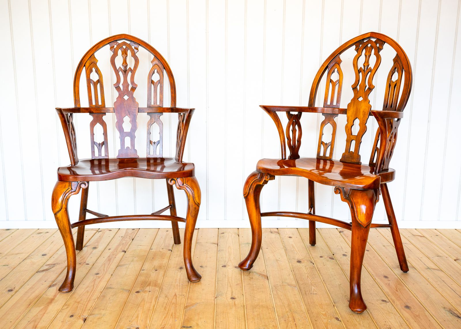 Pair Of Gothic Windsor Armchairs Steeple Back Strawberry Hill Thames Valley Gothi.C Revival Carved Theodore Alexander Fine Country House