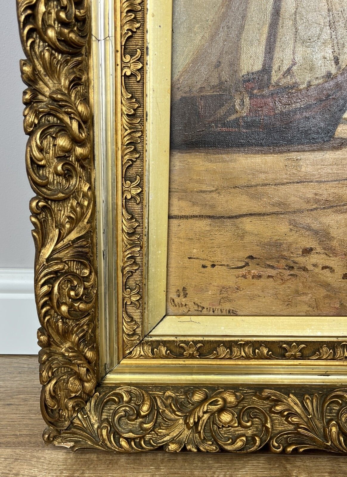 photo vinterior Oil Painting Vintage French Signed Coastal Boats Scene Framed Artwork