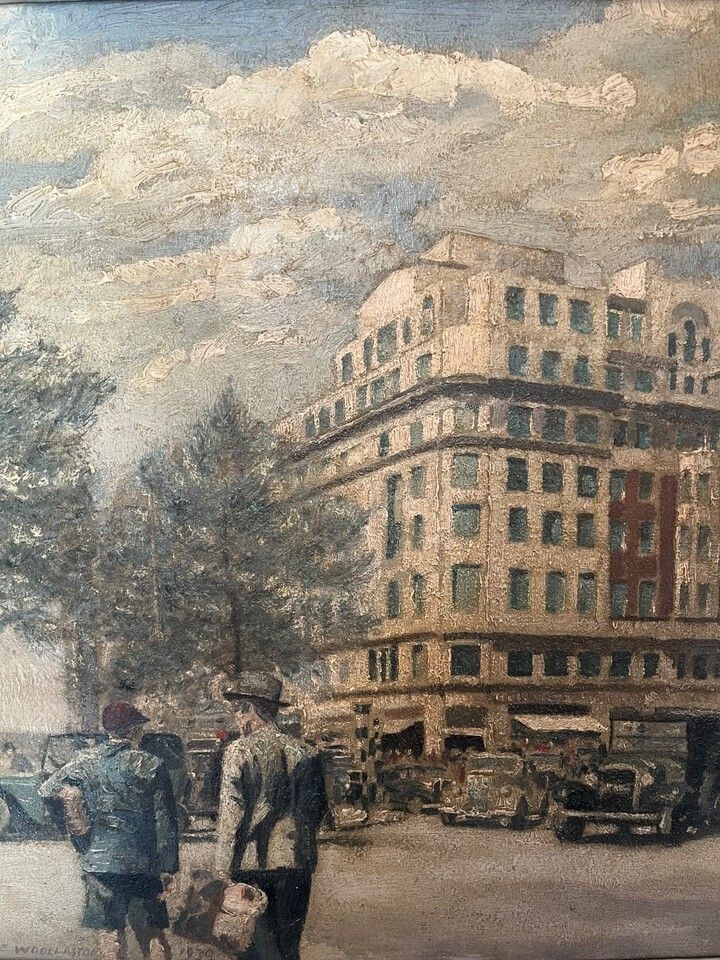 Oil Painting Of Park Lane, London By Leslie Woollaston Dated 1939 Signed/Framed