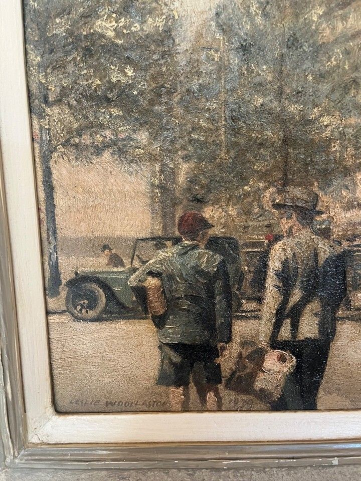 Art Oil Painting Of Park Lane, London By Leslie Woollaston Dated 1939 Signed/Framed photo