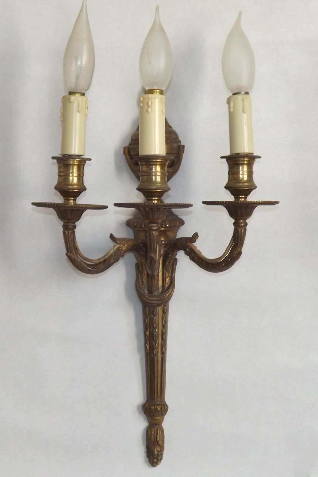 Magnificent Pair French Antique Bronze Triple Wall Lights Urn & Swag Detail photo Lighting