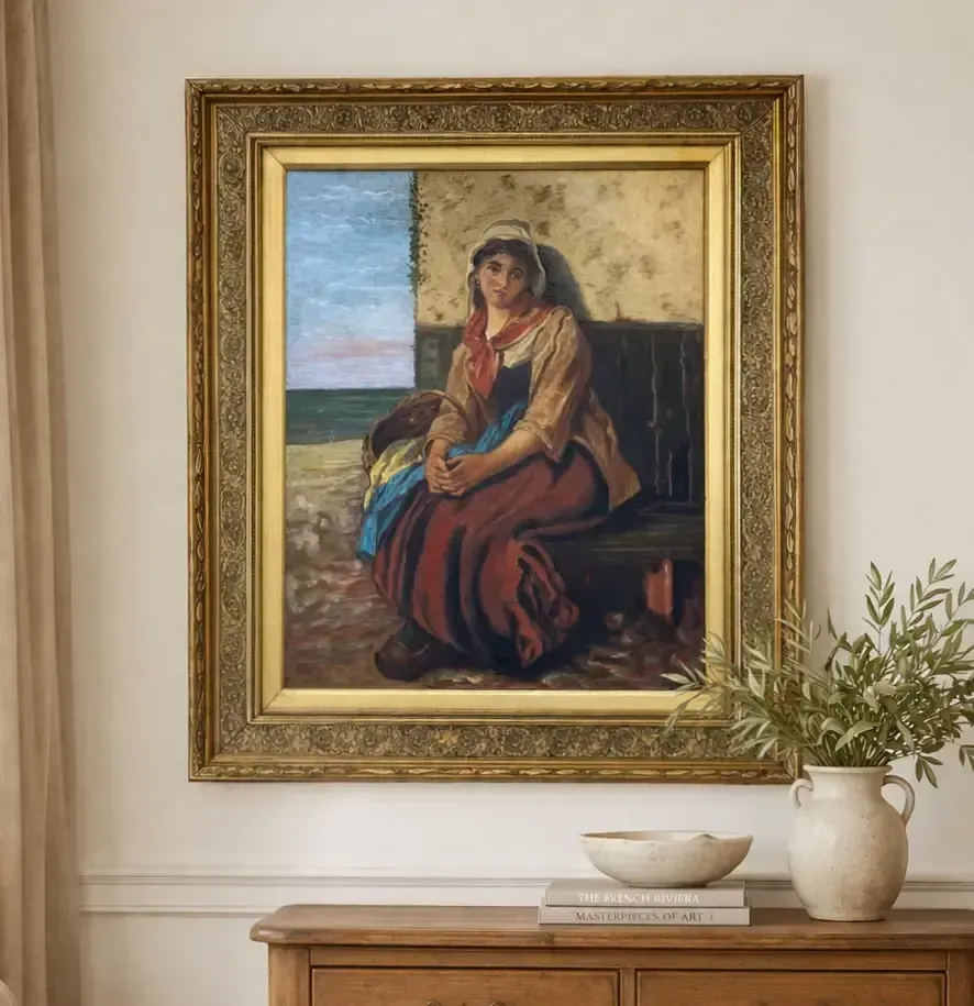 Original Antique Portrait Oil Painting Of A Dutch Fisher Girl 19th Century photo furniture