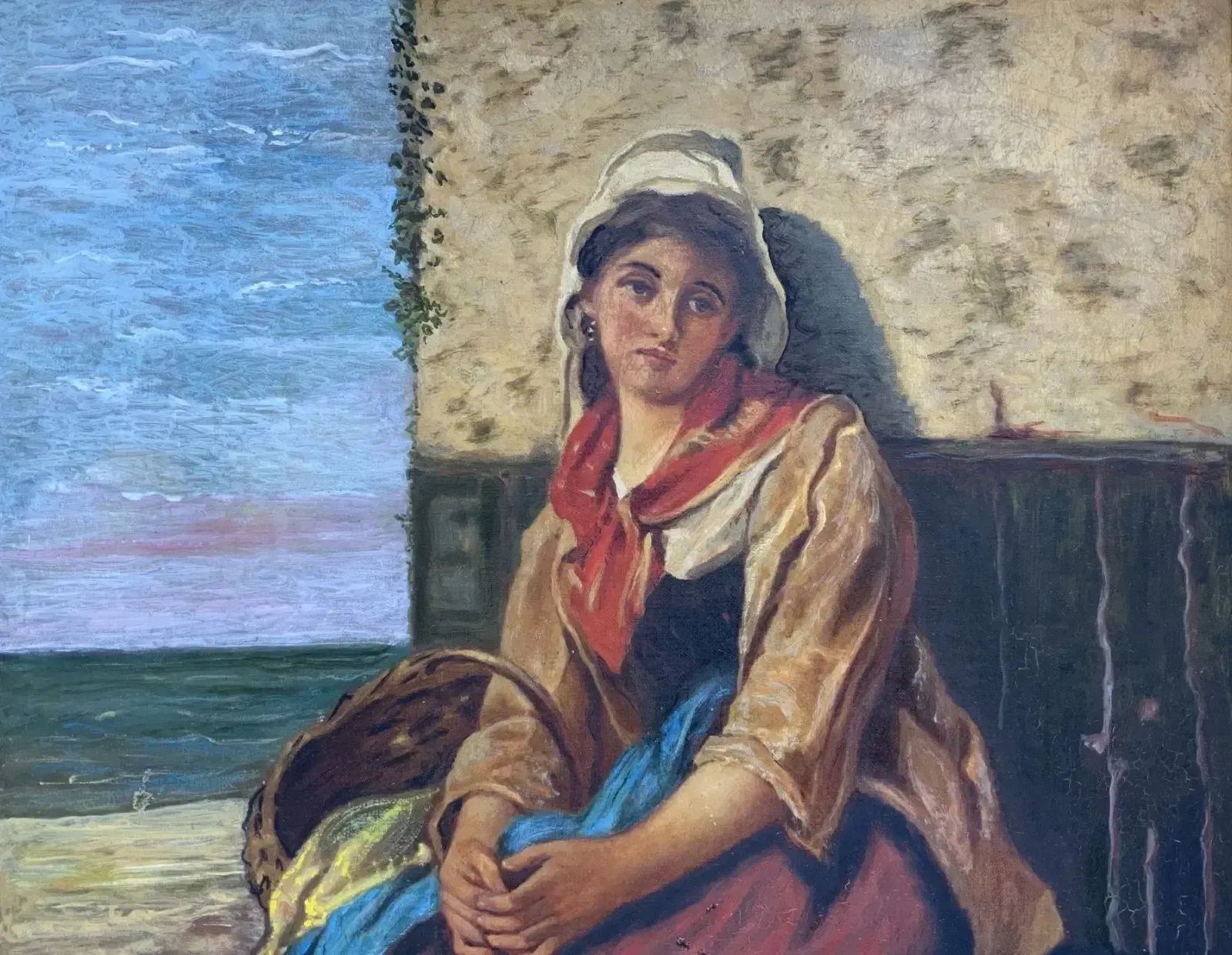Original Antique Portrait Oil Painting Of A Dutch Fisher Girl 19th Century photo Art