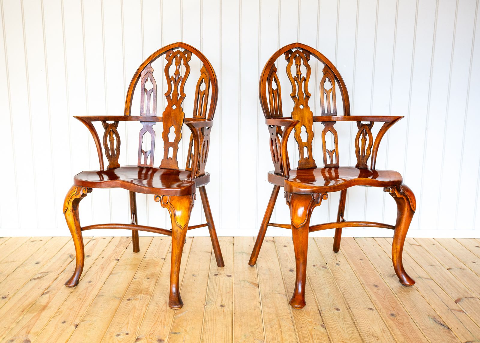 photo vinterior Pair Of Gothic Windsor Armchairs Steeple Back Strawberry Hill Thames Valley Gothi.C Revival Carved Theodore Alexander Fine Country House