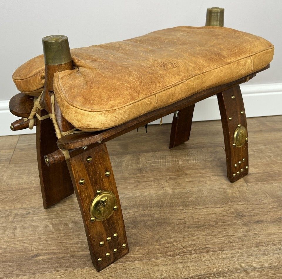 Footstool Vintage Style Oak Stool Brass Upholstered Leather Seat Lot 4957 photo vinterior
