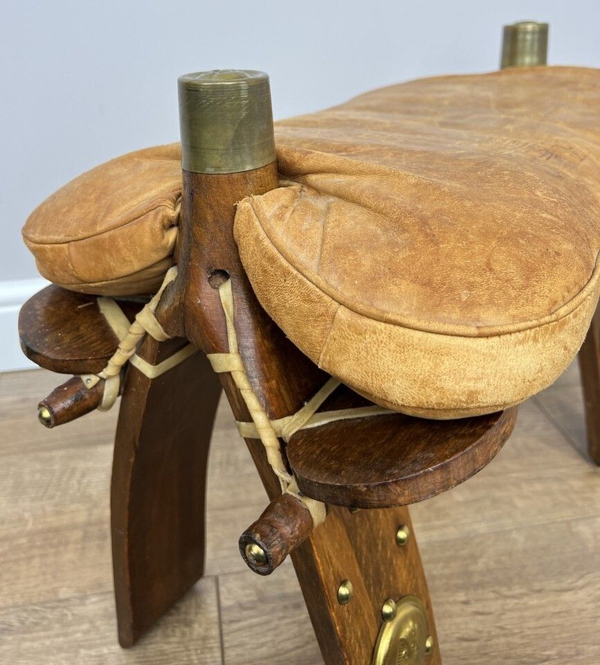 Footstool Vintage Style Oak Stool Brass Upholstered Leather Seat Lot 4957 photo vintage