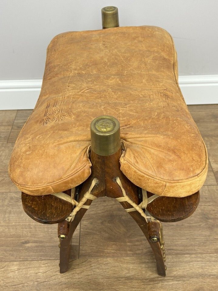 photo for sale Footstool Vintage Style Oak Stool Brass Upholstered Leather Seat Lot 4957